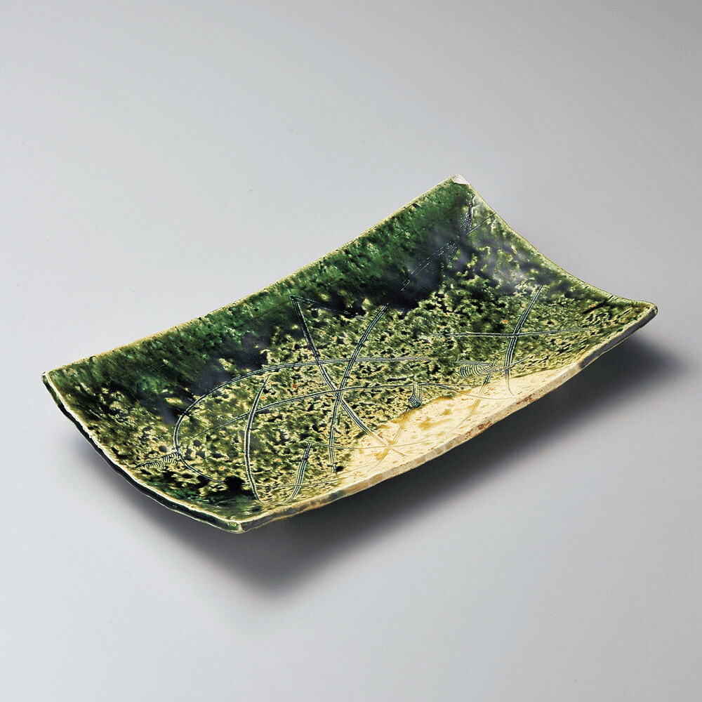 織部 35cm 長角皿 35.5ｘ21.3ｘ5.5cm 土物 日本製の逸品
