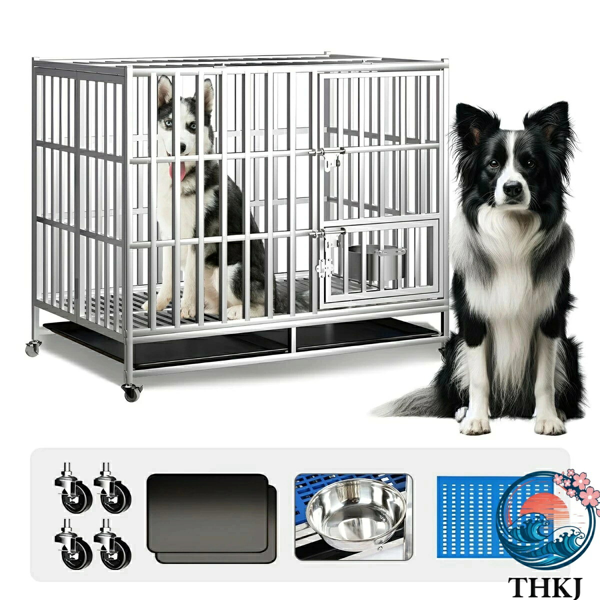 【全品5%ポイント】ダブルドアキャスター付きステンレス犬ケージ 大小犬兼用折り畳み飼育ゲージ THKJ｜SAKURA Factory