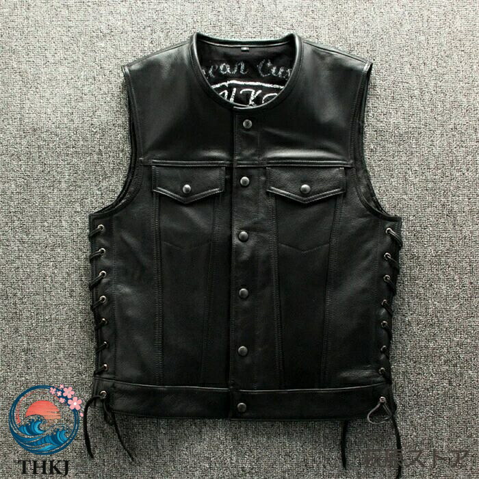 【全品5%ポイント】メンズ牛革本革ライダースベスト バイク用レザーベストブラック無地アウター単品カジュアルファッション|SAKURA Factory