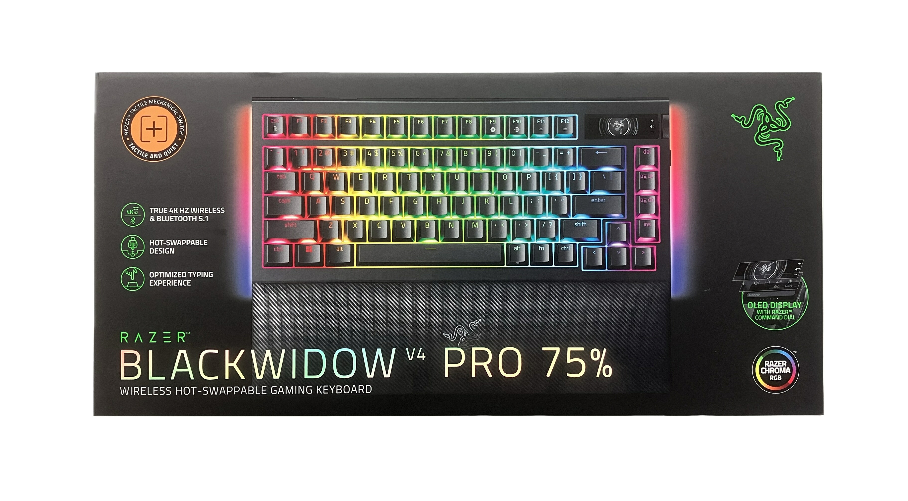 RazerレイザーBlackWidowV4Pro75%HyperSpeedとHyperPollingによる4KHzワイヤレスメカニカルキーボードオレンジタクタイルメカニカルスイッチコマンドダイヤル積み上げるOLED見せびらかす