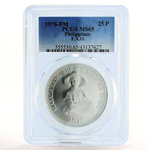 フィリピン 25ペソ 女性が穀物を持つ MS65 PCGS 銀貨 1976年｜世界の紙幣・金・銀・銅 ラフテル
