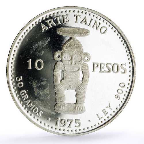 ドミニカ共和国 10 ペソ プエブロ ビエホ マイン タイノ アート プルーフ銀貨 1975｜世界の紙幣・金・銀・銅 ラフテル