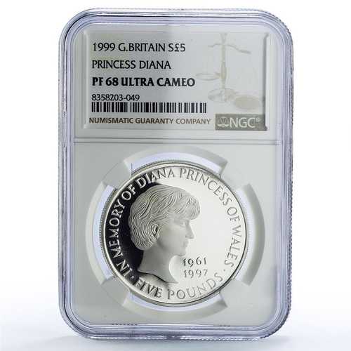 イギリス 5ポンド ダイアナ妃 歴史 政治 PF68 NGC 銀貨 1999年｜世界の紙幣・金・銀・銅 ラフテル