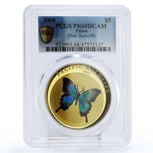 パラオ 5ドル 太平洋の野生生物 青い蝶 動物相 PR68 PCGS 農業コイン 2008年｜世界の紙幣・金・銀・銅 ラフテル