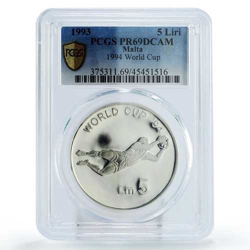 マルタ 5リラ サッカーワールドカップ アメリカ大会 ゴールキーパー PR69 PCGS 銀貨 1993年｜世界の紙幣・金・銀・銅 ラフテル