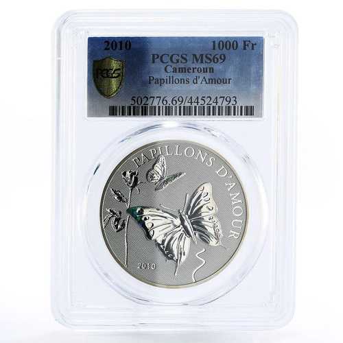 カメルーン 1000フラン 愛の蝶々 MS69 PCGS 銀貨 2010年｜世界の紙幣・金・銀・銅 ラフテル