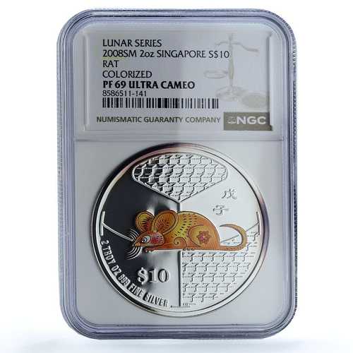 シンガポール 10ドル銀貨 2008年 子年 ピエフォール KM-272 ネズミ PF 69 NGC｜世界の紙幣・金・銀・銅 ラフテル