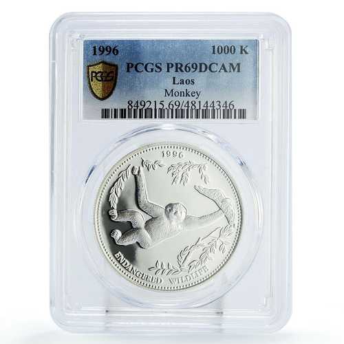 ラオス 1000キープ 保護 野生生物 テナガザル 動物相 PR69 PCGS Ag コイン 1996年｜世界の紙幣・金・銀・銅 ラフテル