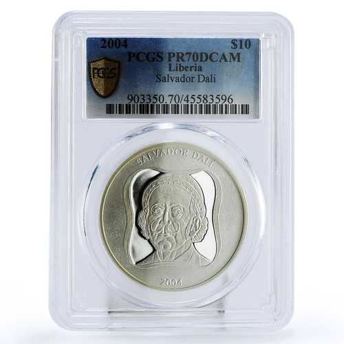 リベリア 10ドル サルバドール・ダリ 画家 PR70 PCGS 銀貨 2004年｜世界の紙幣・金・銀・銅 ラフテル