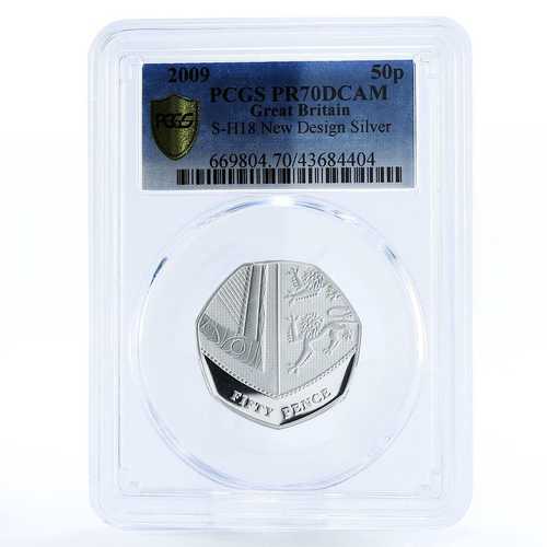 英国50ペンス銀貨 新デザイン シールド紋章 王室シンボル PR70 PCGS 2009年｜世界の紙幣・金・銀・銅 ラフテル