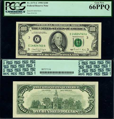 FR. 2173 C 100ドル 1990年 フィラデルフィア連邦準備銀行 C-A ジェム PCGS CU66 PPQ ストック｜世界の紙幣・金・銀・銅 ラフテル