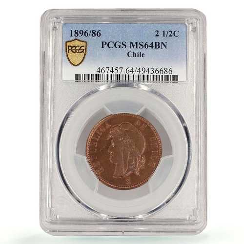 チリ共和国 2 1/2センタボ コイン リベルタ トーン KM-150 MS64 PCGS コイン 1896年｜世界の紙幣・金・銀・銅 ラフテル