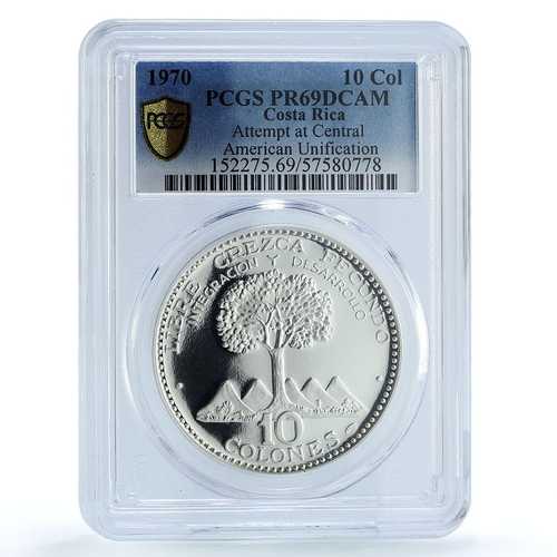 コスタリカ 10コロン 統一 KM-192 歴史ツリー PR69 PCGS 銀貨 1970年｜世界の紙幣・金・銀・銅 ラフテル