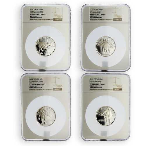 ツバル 5ドル硬貨4枚セット 恐竜ステゴサウルス PF-68 NGC 2オンス 2002年｜世界の紙幣・金・銀・銅 ラフテル