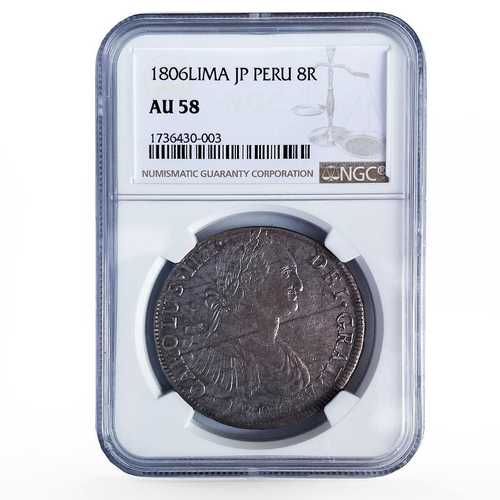 ペルー 8レアル銀貨 植民地時代 カルロス4世 紋章入り AU58 NGC 銀貨 1806年|世界の紙幣・金・銀・銅 ラフテル
