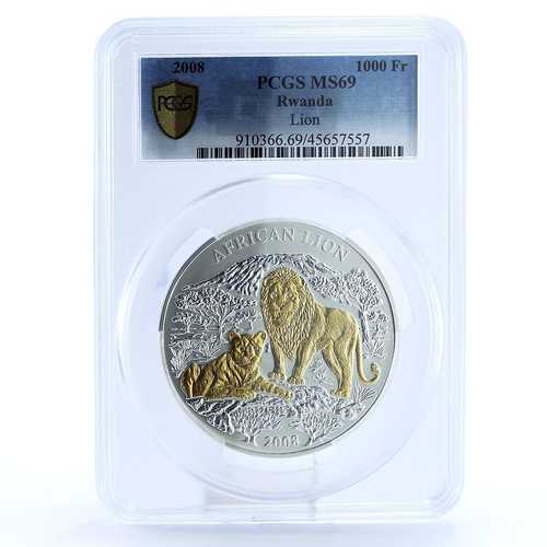 ルワンダ 1000フラン 絶滅危惧種ライオン MS69 PCGS 金メッキ銀貨 2008年|世界の紙幣・金・銀・銅 ラフテル