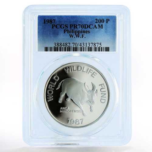 フィリピン 200ペソ WWFシリーズ ミンドロバッファローブル PR70 PCGS 銀貨 1987年｜世界の紙幣・金・銀・銅 ラフテル