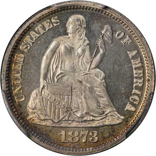 1873年 シーテッド・リバティ・ダイム プルーフ ノーアロー、クローズド 3 PCGS PR66 カメオ｜世界の紙幣・金・銀・銅 ラフテル