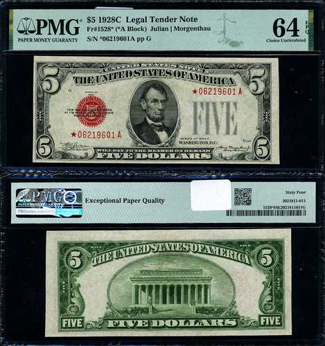 FR. 1528* 5ドル 1928-C 法定通貨 *-Aブロックチョイス PMG CU64 EPQスター｜世界の紙幣・金・銀・銅 ラフテル