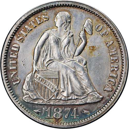 1874年Pミント シーテッド・リバティ・ダイム「アローズ」美品 未使用美品 美しい外観 良好な打刻｜世界の紙幣・金・銀・銅 ラフテル
