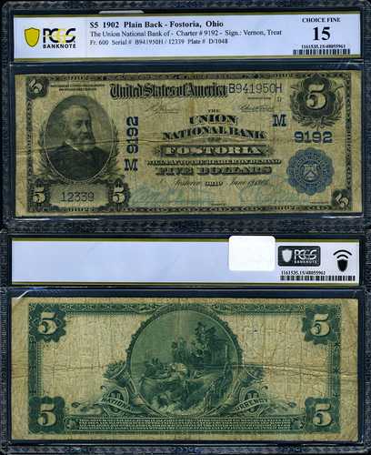 フォストリア OH-オハイオ州 5 ドル 1902 年 PB 国立銀行券 Ch #9192 Union NB Choice PCGS Fin｜世界の紙幣・金・銀・銅 ラフテル