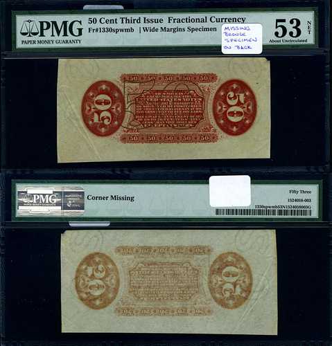 FR. 1330 sp 50 c. 第3版 分数紙幣 エラー 広い余白 裏面 PMG AU53 NET｜世界の紙幣・金・銀・銅 ラフテル