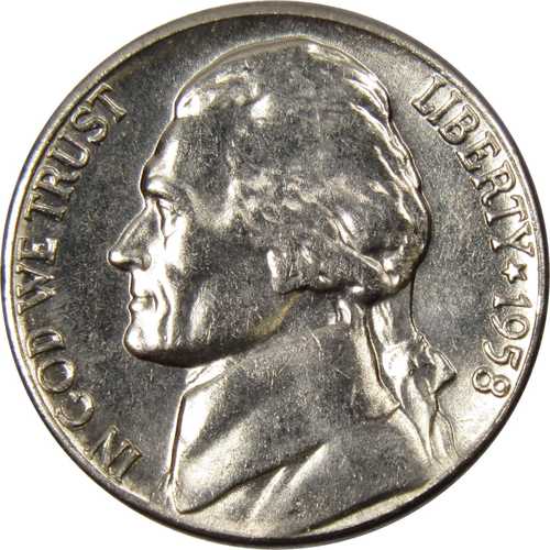 1958年 D ジェファーソン ニッケル 5セント硬貨 未使用ミントステート 5セント 米国硬貨｜世界の紙幣・金・銀・銅 ラフテル