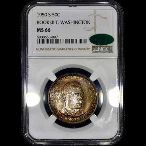 1950年S シルバー ブッカー T ワシントン 50セント NGC MS-66 CAC レインボートーン トラステッド｜世界の紙幣・金・銀・銅 ラフテル