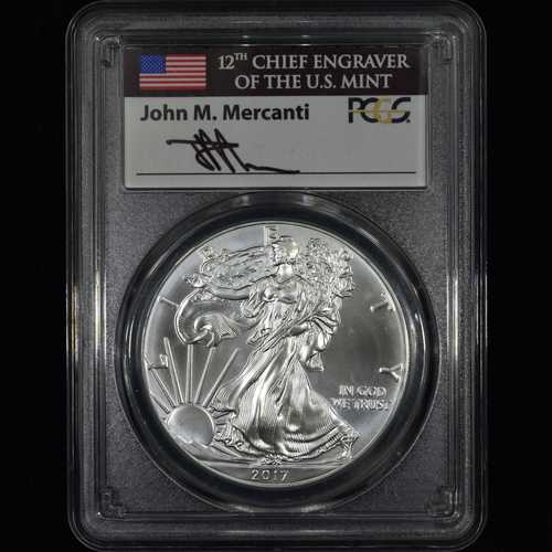 2017年発行 1ドル銀貨 アメリカンイーグル PCGS MS-70 ジョン・メルカンティ直筆サイン入り 初日発行｜世界の紙幣・金・銀・銅 ラフテル
