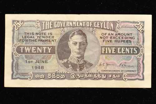 1948年 セイロン政府 25セント VF 非常に良好 25セント 5ルピー 信頼｜世界の紙幣・金・銀・銅 ラフテル