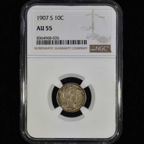 1907-S バーバーダイム NGC AU-55 10セント銀貨 ほぼ未使用コイン 信頼｜世界の紙幣・金・銀・銅 ラフテル 59,400円