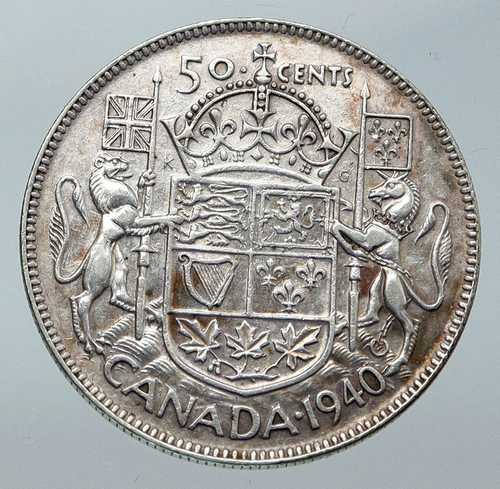 1940年 カナダ イギリス ジョージ6世 ライオンズクラウン 大型 旧銀貨 50セント i85602｜世界の紙幣・金・銀・銅 ラフテル