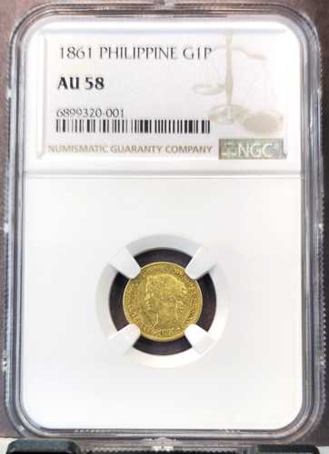 1861年 フィリピン 金貨 1ペソ イザベラ女王 NGC AU 58 希少で美しいコイン｜世界の紙幣・金・銀・銅 ラフテル