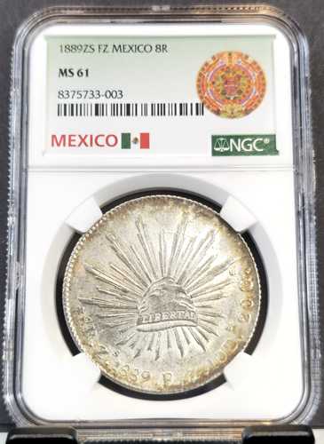 1889年 Zs FZ メキシコ 銀貨 8レアル 8R NGC MS 61 ミントステート 美しいコイン｜世界の紙幣・金・銀・銅 ラフテル