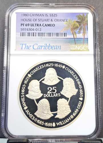 1980年 ケイマン諸島 銀貨 25ドル ハウス・オブ・スチュアート NGC PF 69 ウルトラカメオ トップ｜世界の紙幣・金・銀・銅 ラフテル