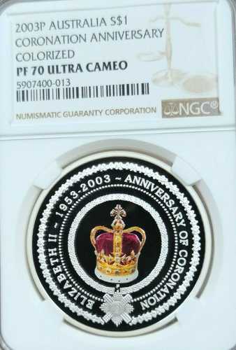 2003年 オーストラリア 銀貨 1ドル 戴冠記念 NGC PF 70 ウルトラカメオ レア｜世界の紙幣・金・銀・銅 ラフテル 67,100円