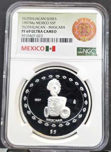 1997年 メキシコ 銀貨 5ペソ テオティワカン マスカラ NGC PF 69 ウルトラカメオ レア ジェム|世界の紙幣・金・銀・銅 ラフテル