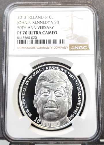 2013年 アイルランド 銀貨 10ユーロ ジョン・F・ケネディ NGC PF 70 ウルトラカメオ レア ジェムプルーフ｜世界の紙幣・金・銀・銅 ラフテル
