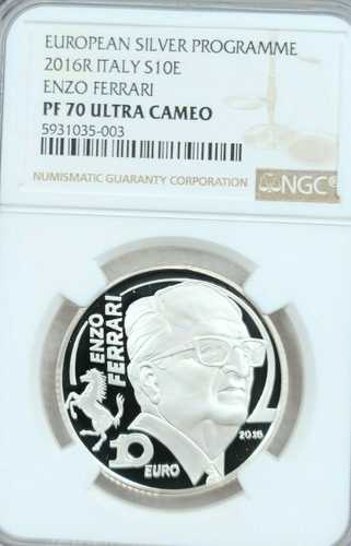 2016年 イタリア 銀貨 10ユーロ エンツォ・フェラーリ NGC PF 70 ウルトラカメオ レア パーフェクション｜世界の紙幣・金・銀・銅 ラフテル