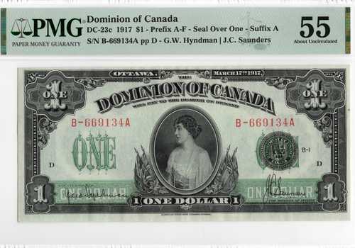 1917年 カナダ自治領 1ドル DC 23セント シールの上に接尾辞A PMG 55｜世界の紙幣・金・銀・銅 ラフテル 162,000円