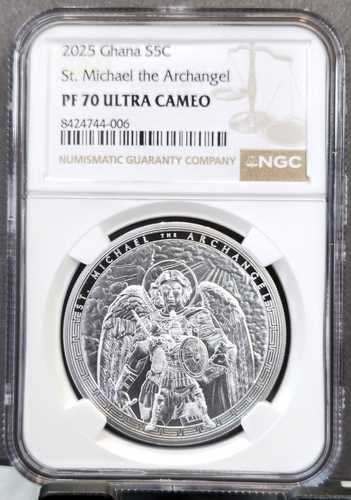 2025年 ガーナ 銀貨 5セディ 大天使聖ミカエル NGC PF 70 ウルトラカメオ レア｜世界の紙幣・金・銀・銅 ラフテル