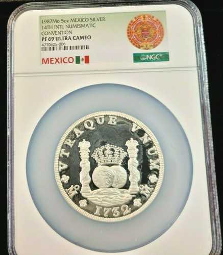 1987年 メキシコ 銀貨 5オンサ 第14回国際貨幣大会 NGC PF 69 ウルトラカメオ|世界の紙幣・金・銀・銅 ラフテル