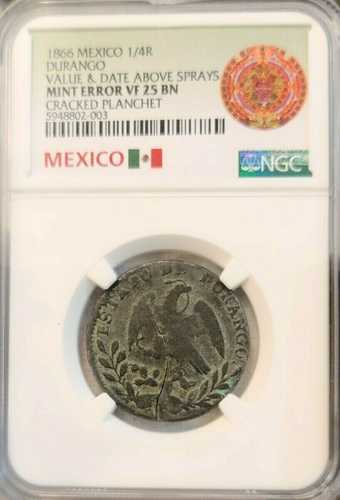 1866年 メキシコ 1/4 レアル ドゥランゴ NGC VF 25 ミントエラー ひび割れブランク レア｜世界の紙幣・金・銀・銅 ラフテル 80,850円