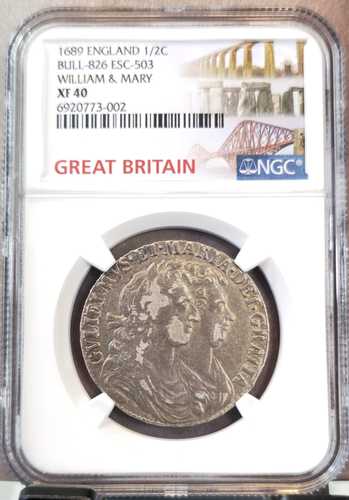 1689年 イングランド 銀貨 1/2クラウン ウィリアム＆メアリー NGC XF 40 極めて希少｜世界の紙幣・金・銀・銅 ラフテル