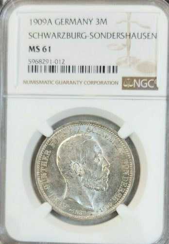 1909 ドイツ シルバー 3 マーク シュヴァルツブルク ゾンダースハウゼン NGC MS 61 レア ビューティー｜世界の紙幣・金・銀・銅 ラフテル