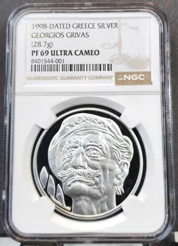 1998年 ギリシャ 銀貨 軍事司令官 ゲオルギオス・グリバス NGC PF 69 ウルトラカメオ トップ｜世界の紙幣・金・銀・銅 ラフテル 80,850円