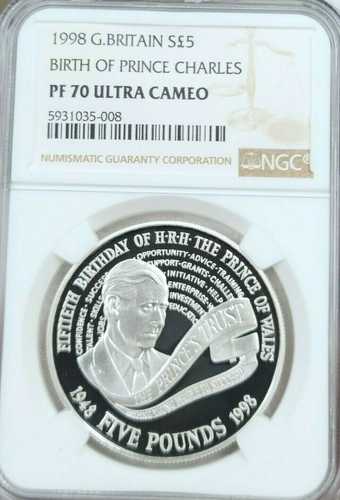 1998年 イギリス 銀貨 5ポンド チャールズ皇太子誕生 NGC PF 70 ウルトラカメオ|世界の紙幣・金・銀・銅 ラフテル
