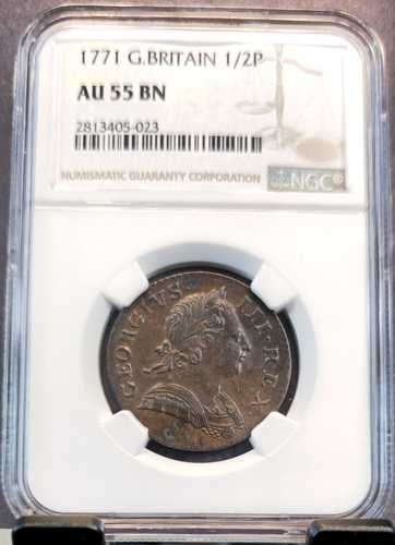 1771年 イギリス 1/2ペニー ジョージ3世 NGC AU 55 BN 希少 高グレード｜世界の紙幣・金・銀・銅 ラフテル