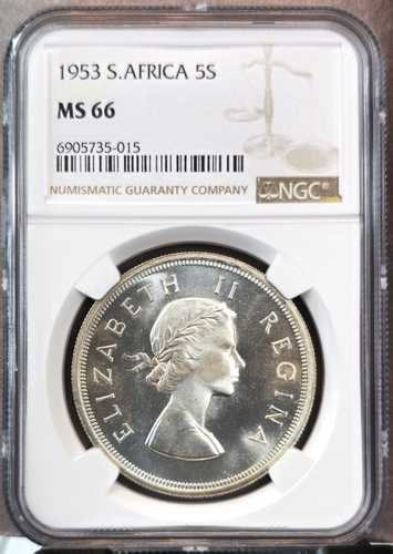 1953年 南アフリカ 銀貨 5シリング スプリングボック NGC MS 66 希少 高グレード 極上品｜世界の紙幣・金・銀・銅 ラフテル