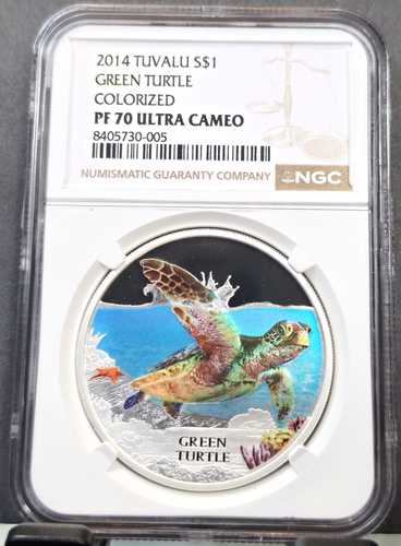 2014年 ツバル 銀貨 1ドル グリーンタートル 着色 NGC PF 70 ウルトラカメオ レア|世界の紙幣・金・銀・銅 ラフテル